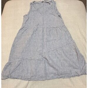Lucky Brand 100% Linen Mini Summer Dress Blue White Sleeveless Size S VNeck